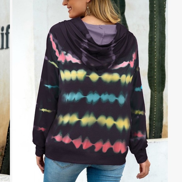Black Multicoloured Tie-Dye Stripe Hoodie, L - Picture 2 of 3